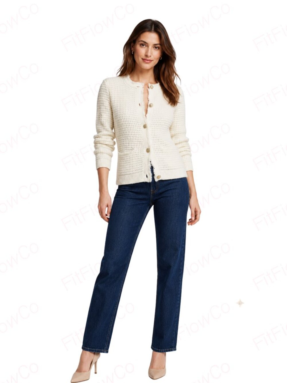 Express Ivory Waffle Knit Cardigan XS Gold Button Fringe Trim NWOT